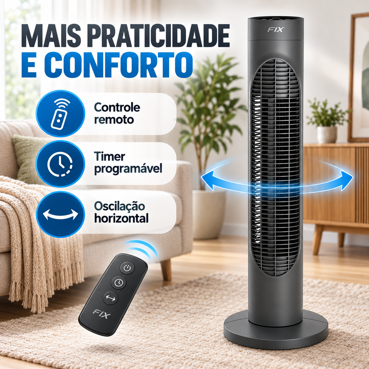 VENTILADOR DE TORRE COM CONTROLE REMOTO, TIMER E OSCILAÇÃO