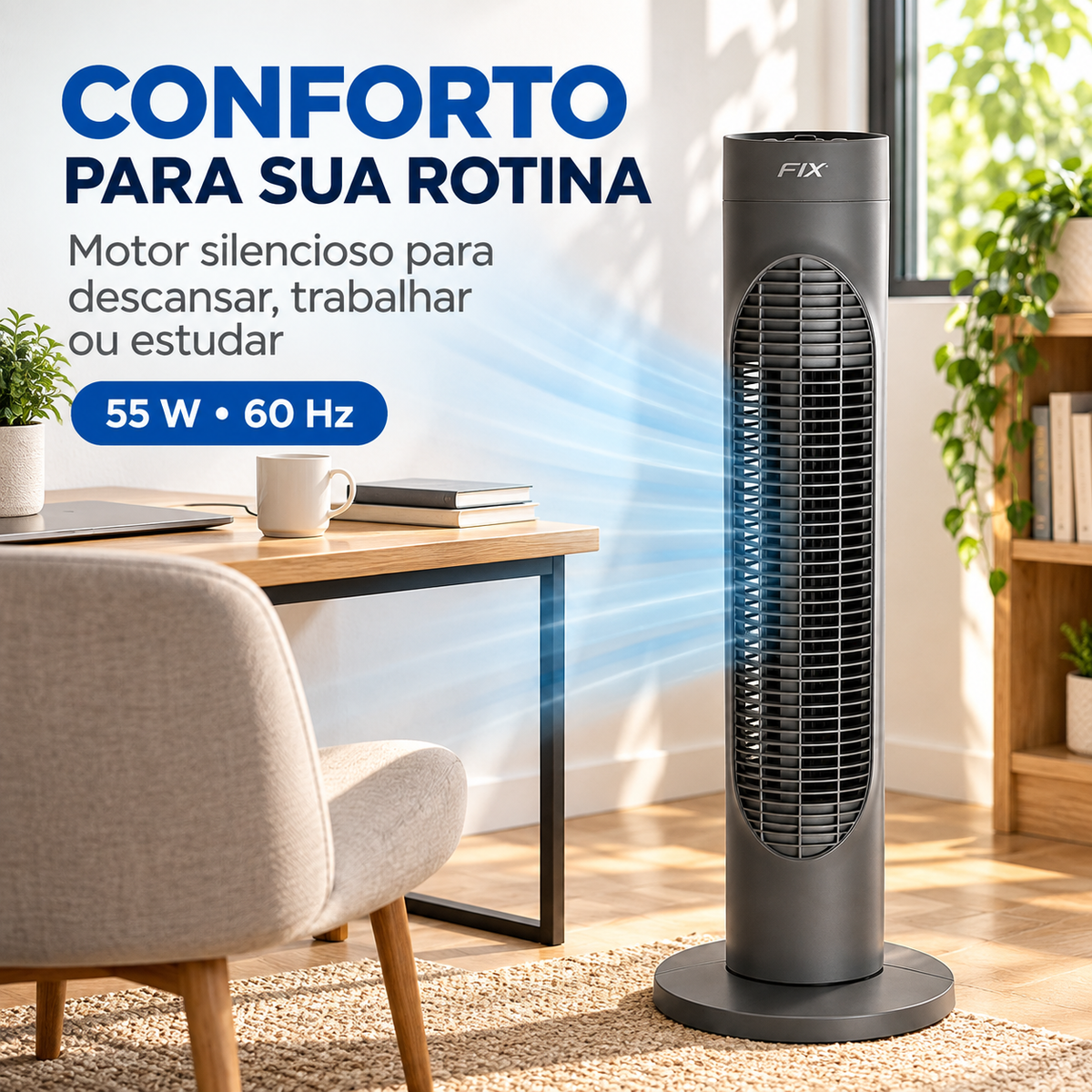 VENTILADOR DE TORRE COM CONTROLE REMOTO, TIMER E OSCILAÇÃO