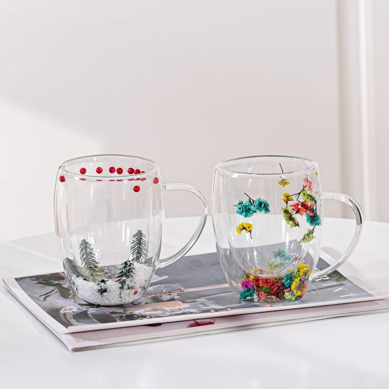 Caneca em Vidro Duplo Boro - 350ml FloralGlass Harmony