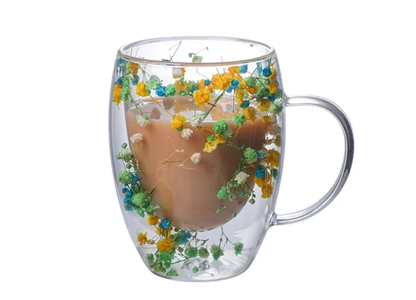 Caneca em Vidro Duplo Boro - 350ml FloralGlass Harmony